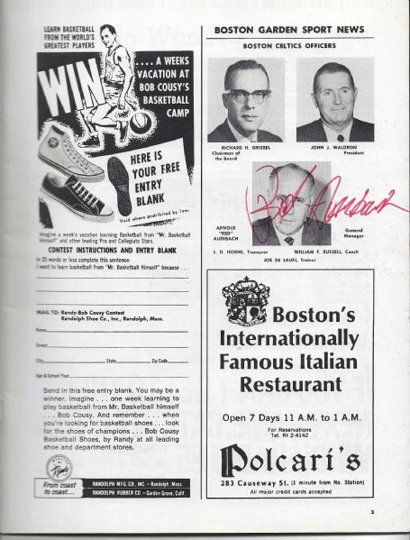 1968 - 69 Boston Celtics (NBA) Official Program with Elite Autographs: Russell, Cousy, KC Jones & Auerbach