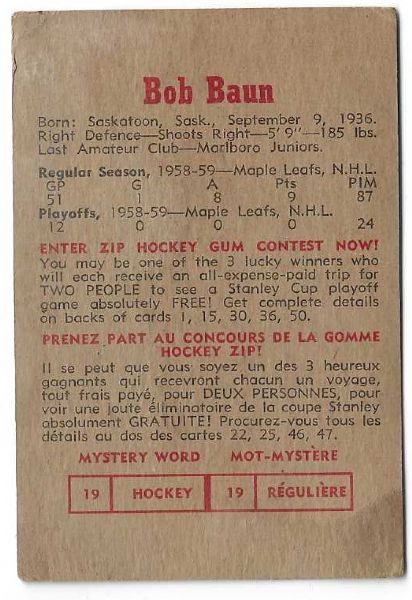 1959 - 60 Bob Baun Parkhurst Hockey Card