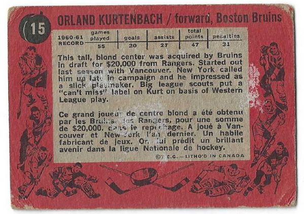1961 - 62 Orland Kurtenbach (Boston Bruins) Topps Hockey Card
