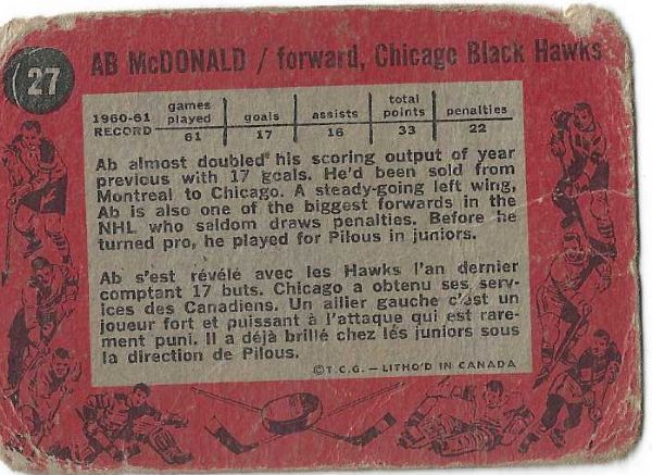 1961 - 62 Ab McDonald (Chicago Blackhawks) Topps Hockey Card
