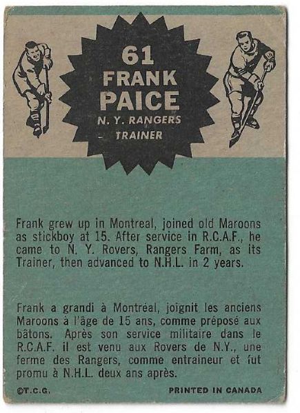 1962 - 63 Frank Paice Topps (Rookie) Hockey Card