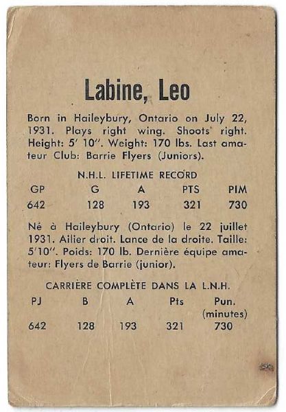 1962 - 63 Leo Labine (Detroit Redwings) Parkhurst Hockey Card
