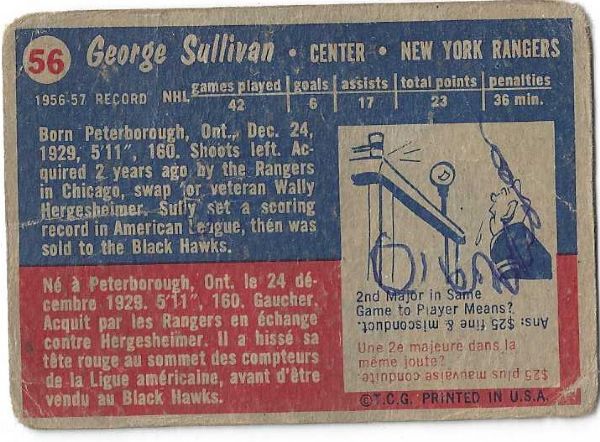 1957 - 58 George Sullivan Topps  Hockey Card