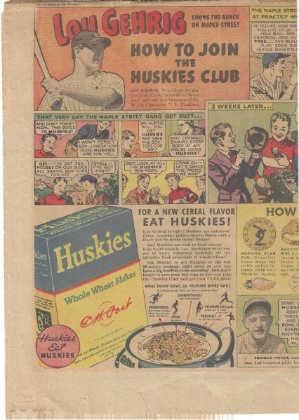 1937 Lou Gehrig (NY Yankees) How To Join The Huskies Club Fold Open Comic Section Ad
