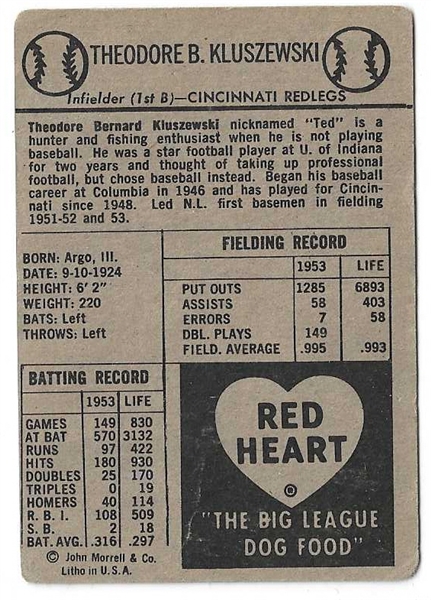 1954 Ted Kluszewski (Cincinnati Reds) Red Heart Baseball Card