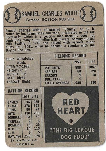 1954 Sammy White (Red Sox) Red Heart Baseball Card