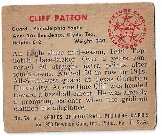 1950 Cliff Patton Bowman Football Card