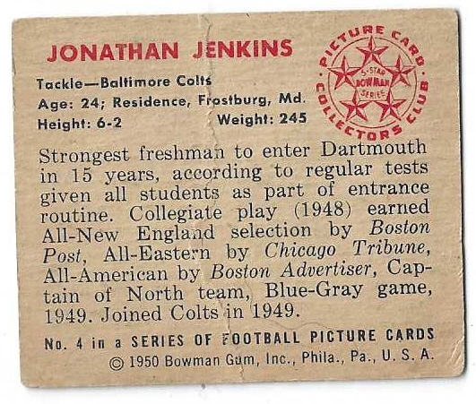 1950 Jonathan Jenkins Bowman Football Card
