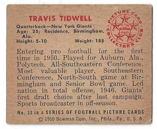1950 Travis Tidwell Bowman Football Card