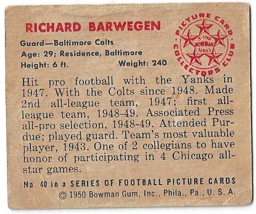 1950  Richard Barwegan Bowman Football Card