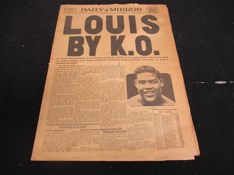 1935 Joe Louis - NY Daily Mirror - Primo Carnera KO - Partial Newspaper with Large , Bold Headline