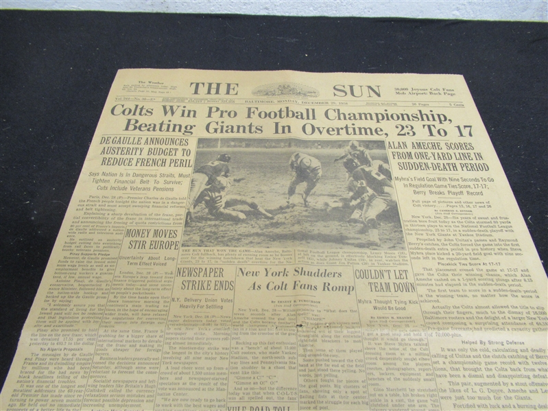 1958 Baltimore Sun The Colts Win Pro Football Championship, Beating Giants in Overtime, 23 to 17 