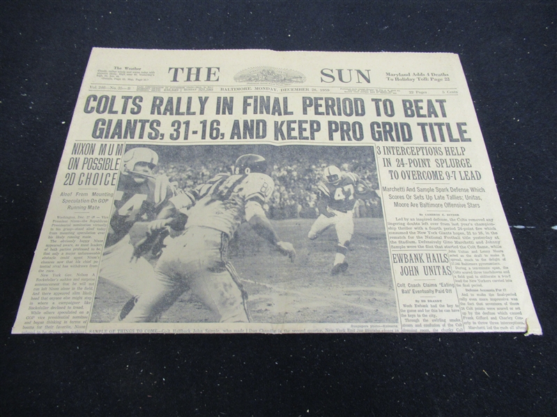 1959 Baltimore Sun Colts Rally In Final Period To Beat Giants, 31-16, And Keep Pro Grid Title                                 