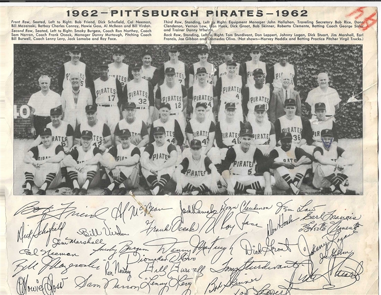 1962 Pittsburgh Pirates Team Promotional Picture With Facsimile Autographs 