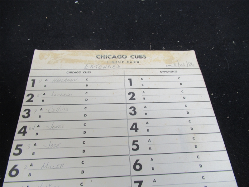 1986 Chicago Cubs Spring Training Line-Up Card