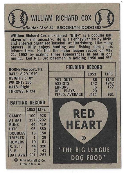 1954 Billy Cox (Brooklyn Dodgers) Red Heart Baseball Card