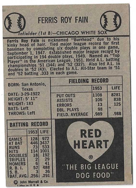 1954 Ferris Fain (White Sox) Red Heart Baseball Card