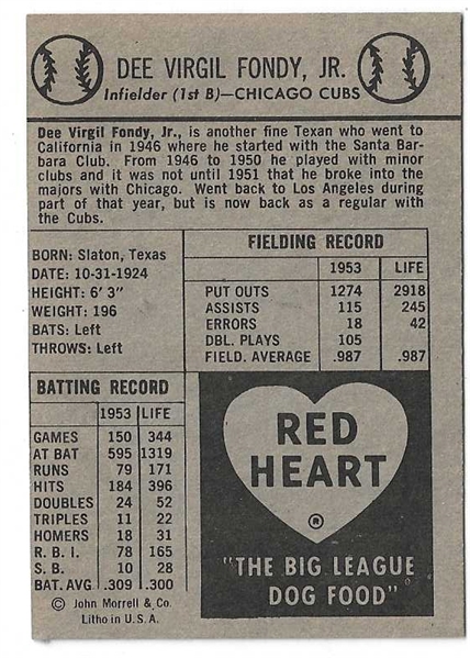 1954 Dee Fondy (Chicago Cubs) Red Heart Baseball Card