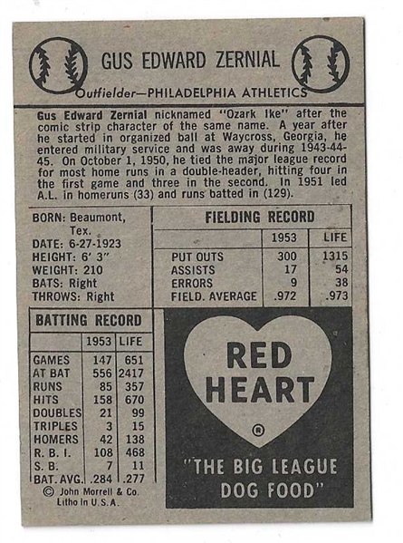 1954 Gus Zernial  (Phila. A's) Red Heart Baseball Card