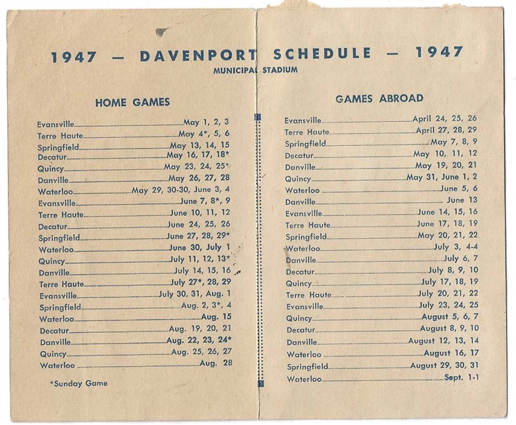 1947 Davenport Cubs Pocket Schedule