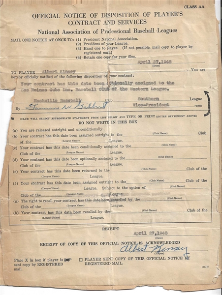 1949 Albert Kinsey (Des Moines Cubs) Player Promotion Confirmation Form 
