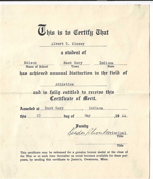 1944 Albert Kinsey (Des Moines Cubs) High School Athletic Achievement Award Certificate