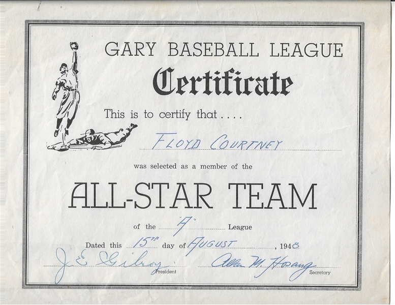 1948 Gary (A League) Baseball League All-Star Selection Certificate