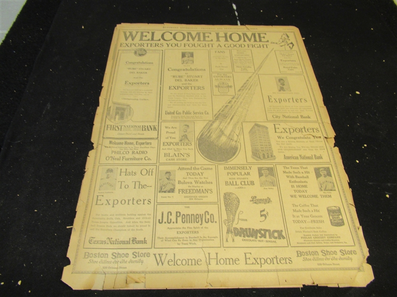 1931 Beaumont Exporters (Texas League) Welcome Home From City Advertisers Newspaper Display Piece