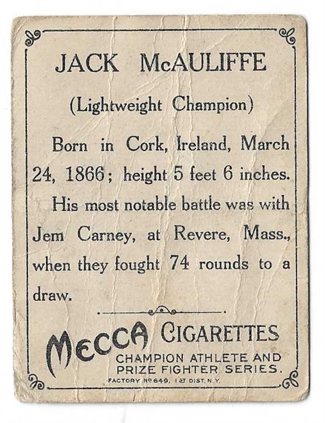 1911 Jack McAuliffe - Boxing Lightweight Champion - Mecca Tobacco Card