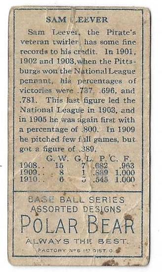1911 Sam Leever (Pittsburgh Pirates)  T205 Gold Border Tobacco Card