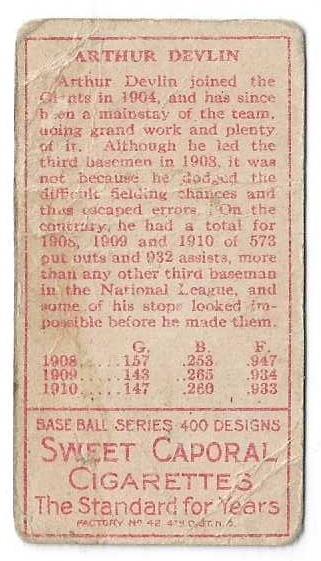 1911 Art Devlin (NY Giants)   T205 Gold Border Tobacco Card 