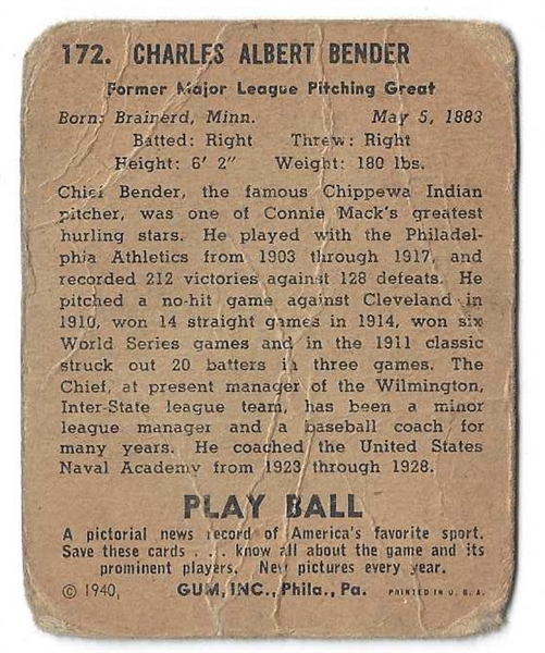 1940 Chief Bender (HOF) Play Ball Baseball Card