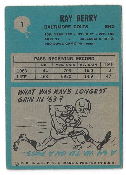 1964 Raymond Berry (HOF - Baltimore Colts) Philadelphia Gum Football Card 