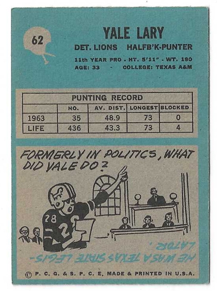 1964 Yale Lary (HOF - Detroit Lions)  Philadelphia Gum Football Card 
