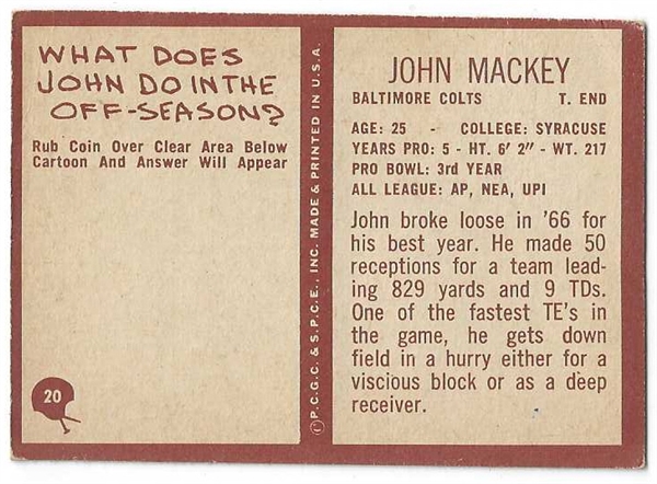 1967 John Mackey - (HOF)  Philadelphia Gum Football Card 