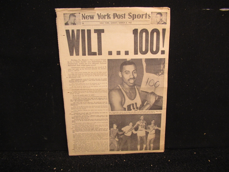 1962 Wilt Chamberlain (Philadelphia Warriors - NBA) Scores 100 Points NY Post Sports Page