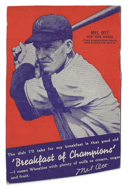 1935 Mel Ott (HOF) Wheaties Baseball Box Panel