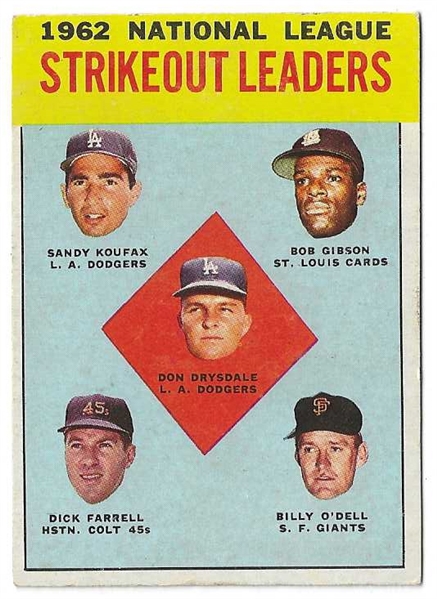 1963 NL Strike-Out Leaders - Koufax, Gibson, Drysdale -  Topps Card - Better Grade
