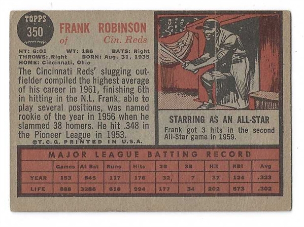 1962 Frank Robinson (HOF - Cincinnati Reds) Topps Baseball Card - Nice Grade