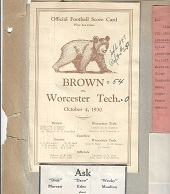1930 Brown University (NCAA) Football Scorecard vs. Worcester Tech with Accompanying Scrapbook Page