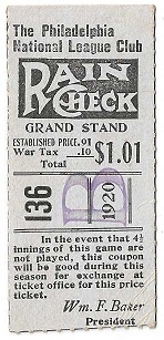 1920 Philadelphia Phillies (NL) Baker Bowl Ticket Stub