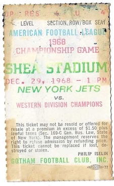 1968 AFL (NY Jets vs. Oakland Raiders) Championship Ticket Stub at Shea Stadium