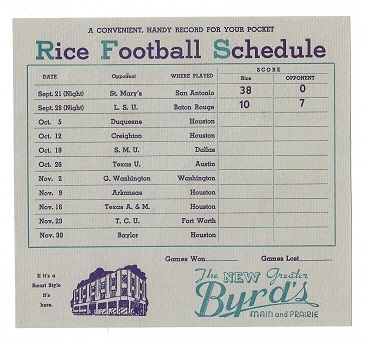 1935 Rice University Owls Football Schedule Billhead 