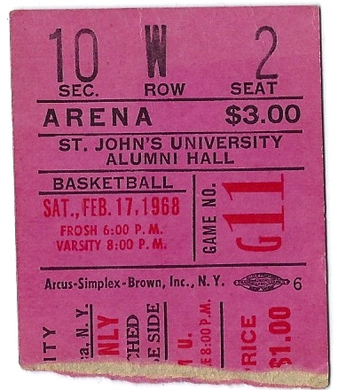 1968 St. John's (NCAA) College Basketball Ticket Stub