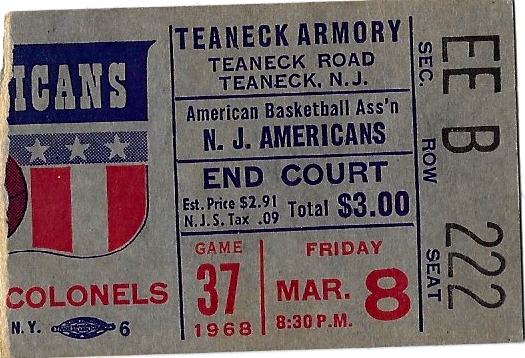 1968 NJ Americans (ABA) Ticket Stub vs. Kentucky Colonels 