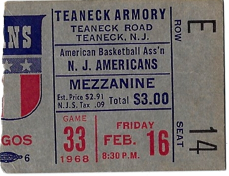 1968 NJ Americans (ABA)Ticket Stub vs. Anaheim Amigos