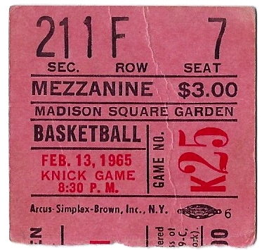 1965 NY Knicks (NBA) Basketball Game Ticket Stub at MSG