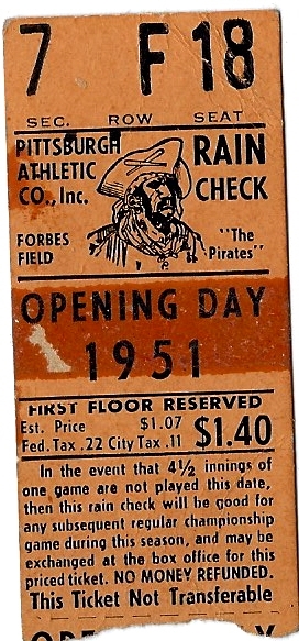 1951 Pittsburgh Pirates Opening Day Ticket Stub at Forbes Field 