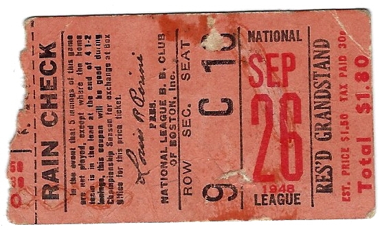 1948 Boston Braves Pennant Clinching Ticket Stub - 9/26/48 at Braves Field