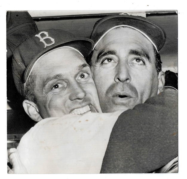 1956 Sall Maglie No-Hitter Wire Photo - Being Hugged by Teammate Carl Erskine
